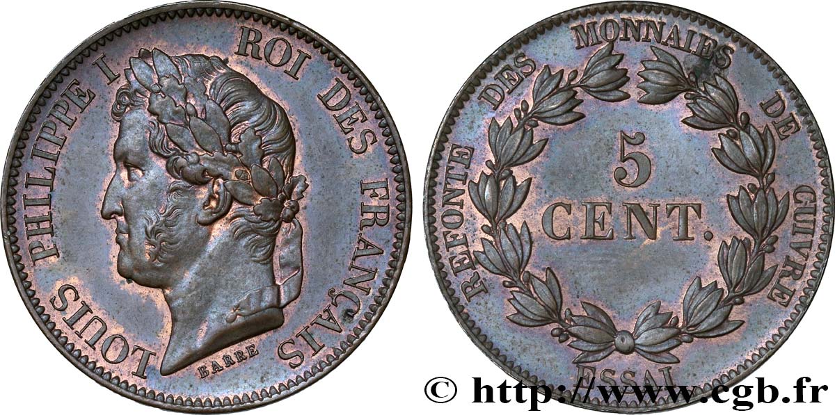 Essai de 5 centimes en bronze, signature BARRE 1840  VG.2917 var. MS60 