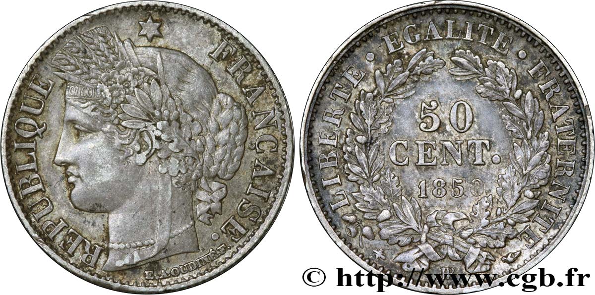 50 centimes Cérès, IIe République 1850 Strasbourg F.184/3 AU52 