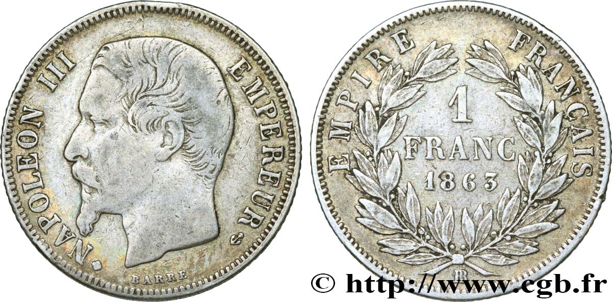 1 franc Napoléon III, tête nue 1863 Strasbourg F.214/21 VF30 