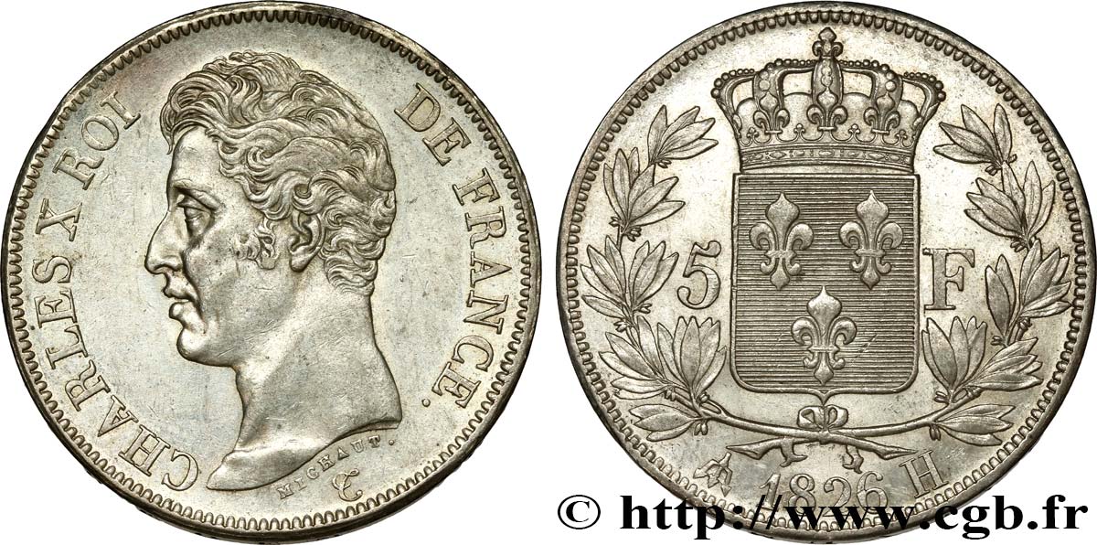 5 francs Charles X, 1er type 1826 La Rochelle F.310/19 AU55 