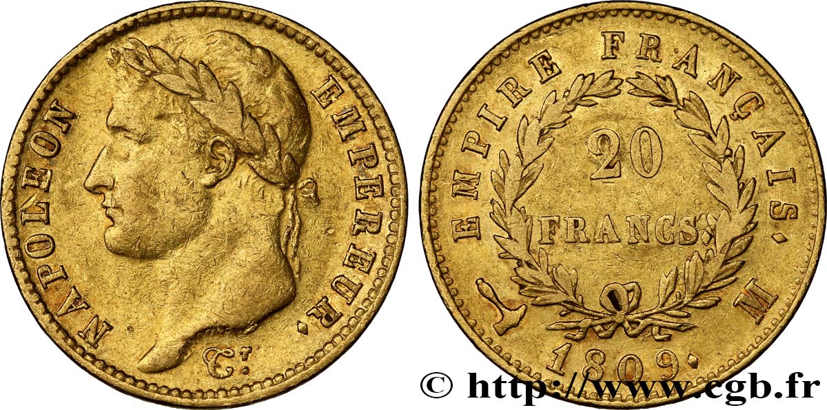 20 francs or Napoléon, tête laurée, Empire français 1809 Toulouse F.516/5 XF42 