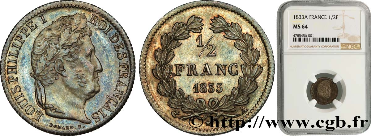 1/2 franc Louis-Philippe 1833 Paris F.182/29 fST64 NGC