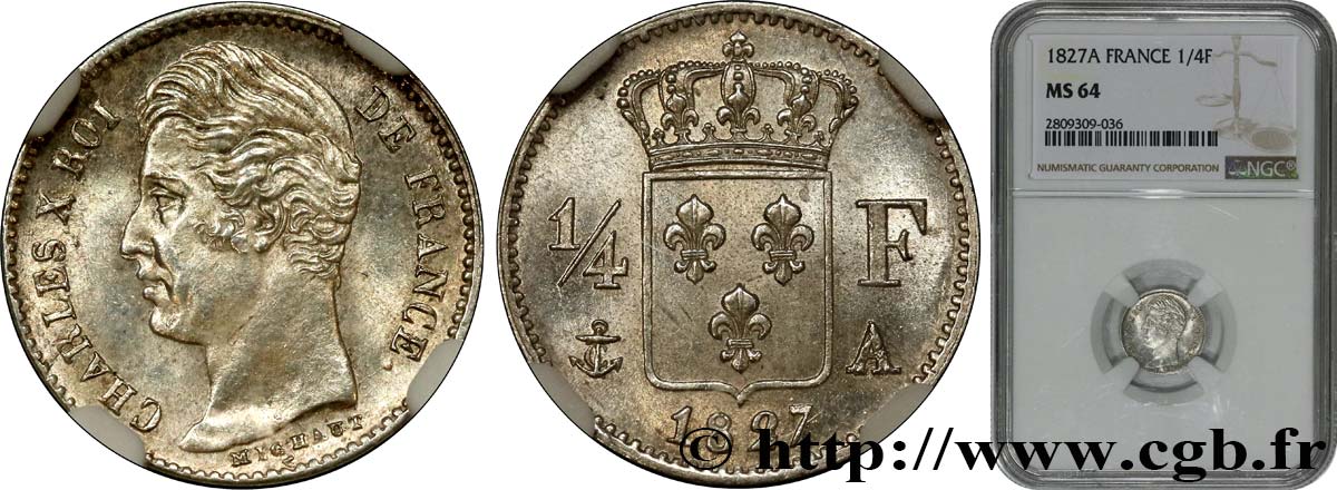 1/4 franc Charles X 1827 Paris F.164/10 SPL64 NGC