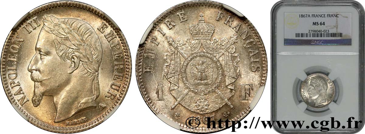 1 franc Napoléon III, tête laurée 1867 Paris F.215/6 SC64 NGC