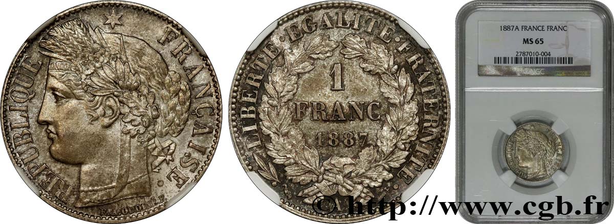 1 franc Cérès, IIIe République 1887 Paris F.216/9 ST65 NGC