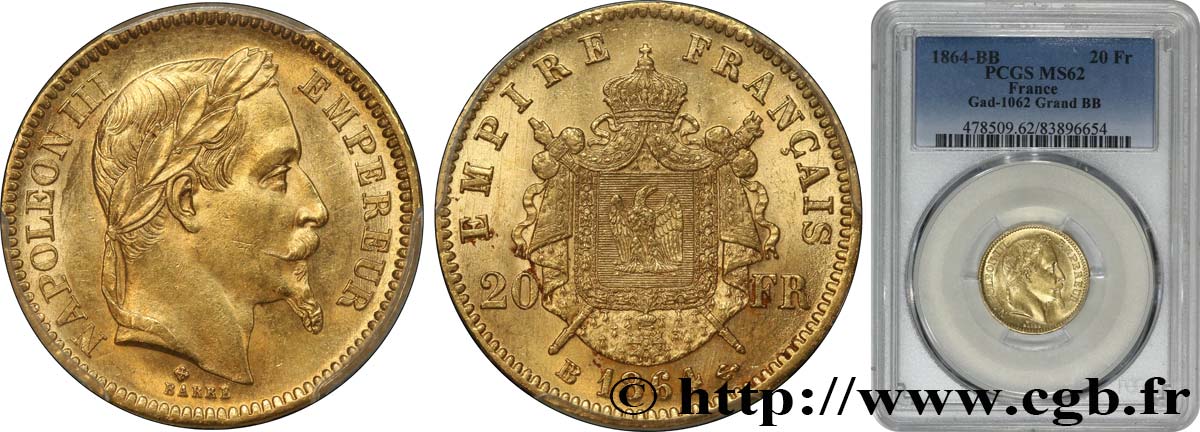 20 francs or Napoléon III, tête laurée, grand BB 1864 Strasbourg F.532/10 VZ62 PCGS