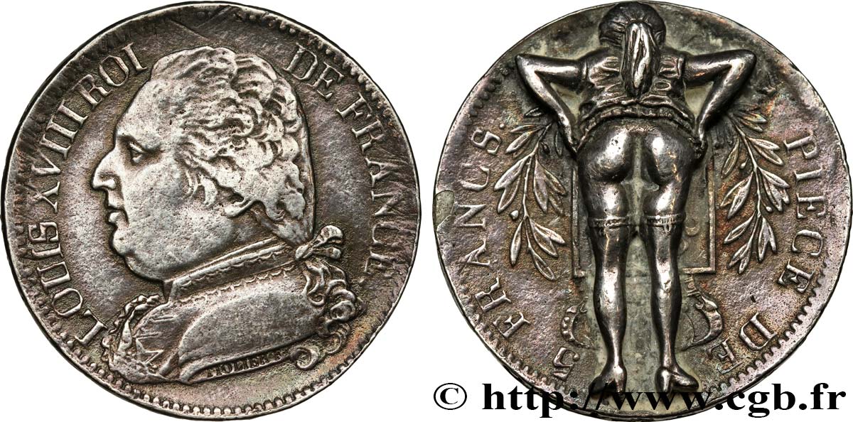Satirique érotique au module de la 5 francs Louis XVIII, buste habillé n.d. s.l. F.308/- var. XF 