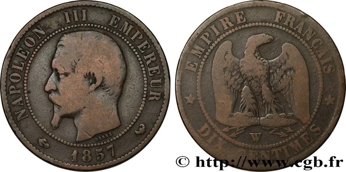 Dix centimes Napoléon III, tête nue 1857 Lille F.133/46 VG10 