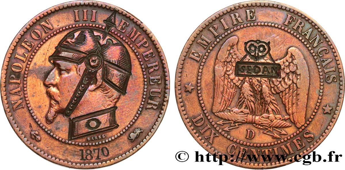 Dix centimes Napoléon III, tête nue, satirique au “Hibou à l’écriteau” 1870 Lyon F.133/- var. TB+ 