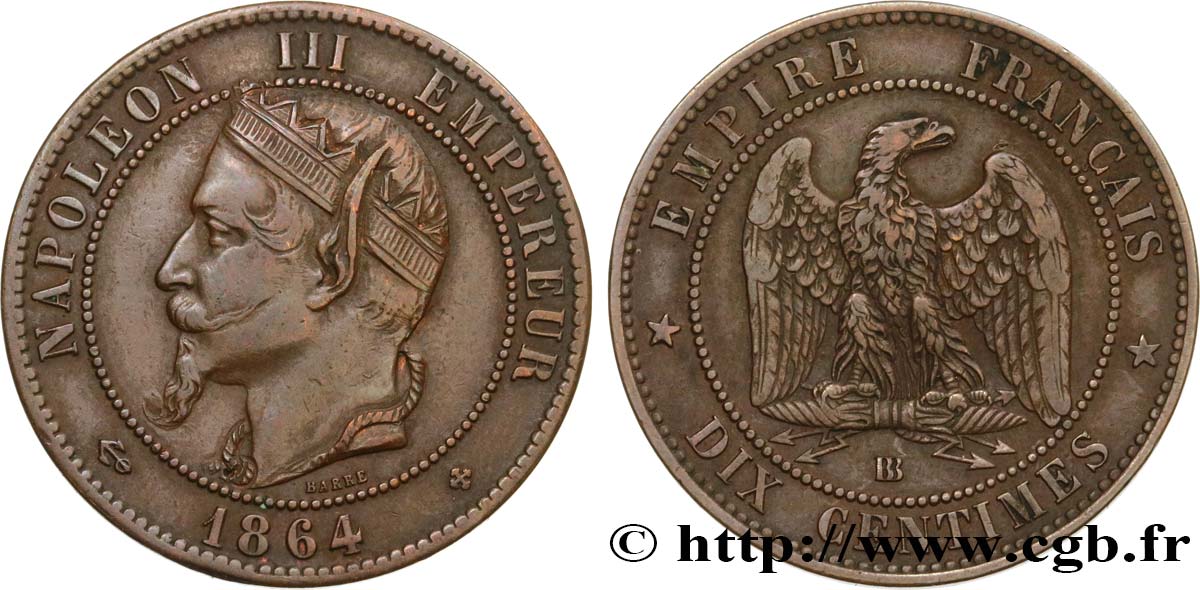 Dix centimes Napoléon III, tête laurée, satirique Napoléon III en Diable 1864 Strasbourg F.134/14 var. XF 