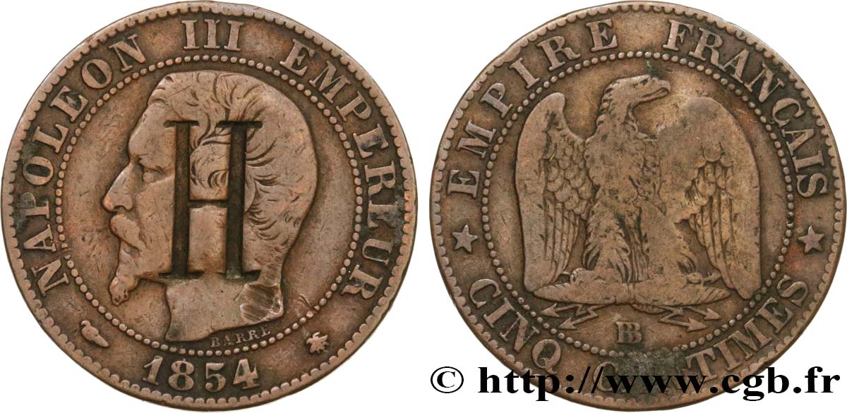 Cinq centimes Napoléon III, tête nue, contremarqué H 1854 Strasbourg F.116/10 RC+ 