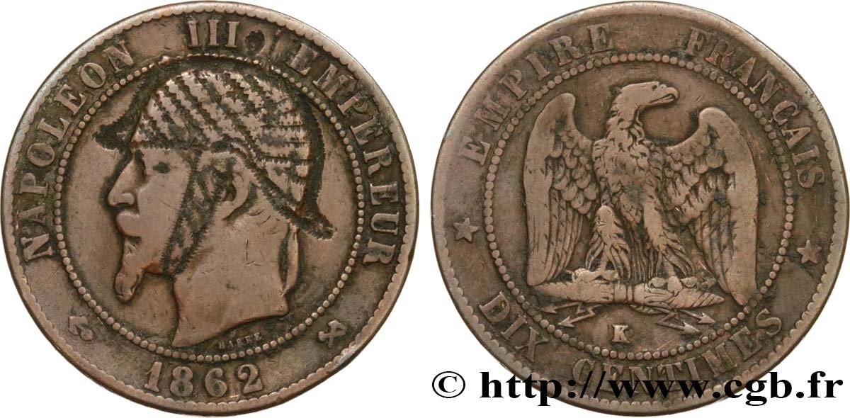 Dix centimes Napoléon III, tête laurée, satirique 1862 Bordeaux F.134/9 var. BC 