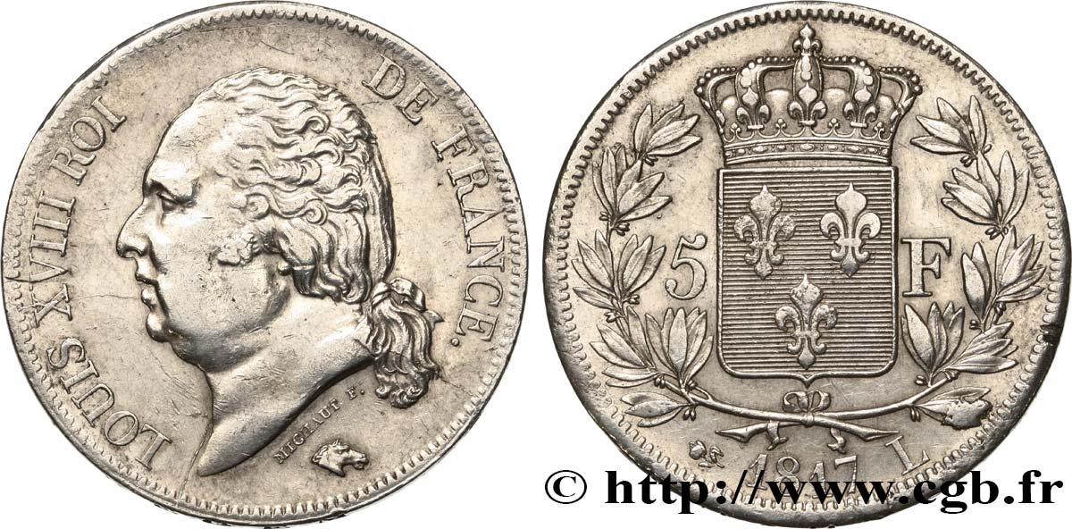 5 francs Louis XVIII, tête nue 1817 Bayonne F.309/22 XF 