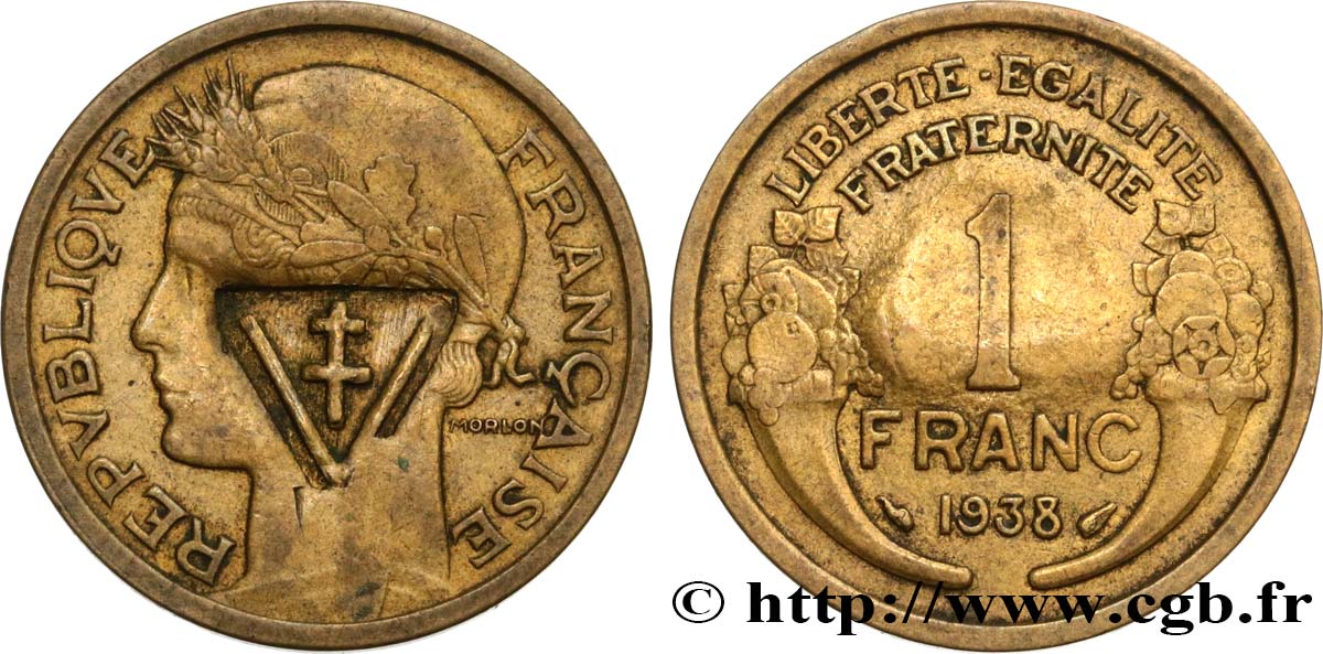 1 franc Morlon, contremarque croix de Lorraine 1938 Paris F.219/9 var. AU58 