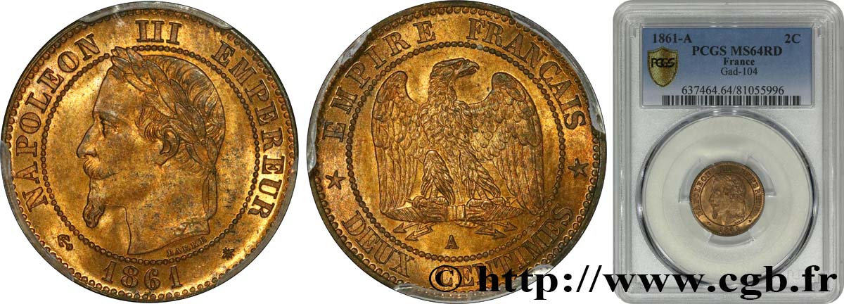 Deux centimes Napoléon III, tête laurée, buste définitif 1861 Paris F.108A/1 fST64 PCGS