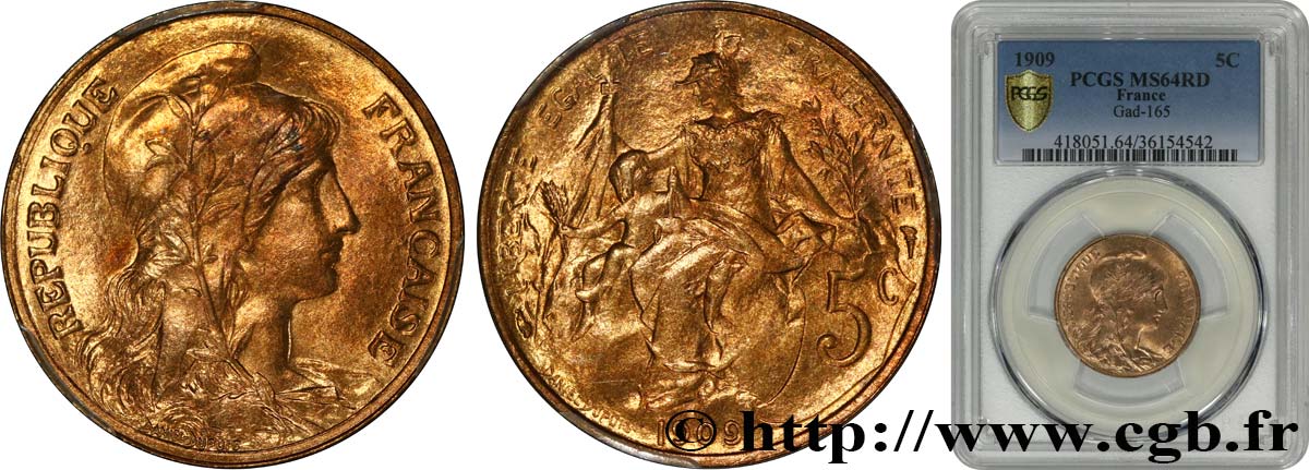 5 centimes Daniel-Dupuis 1909  F.119/20 MS64 PCGS