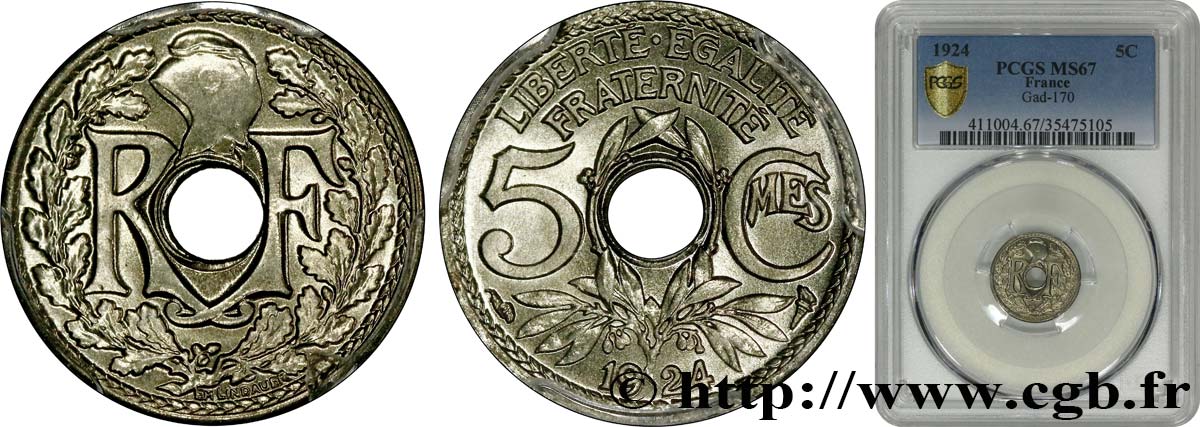 5 centimes Lindauer, petit module 1924 Paris F.122/8 MS67 PCGS
