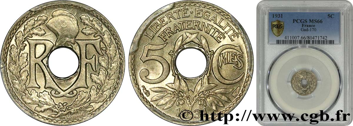 5 centimes Lindauer, petit module 1931 Paris F.122/14 ST66 PCGS