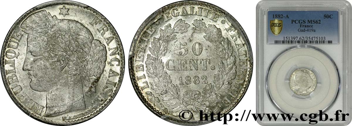 50 centimes Cérès, IIIe République 1882 Paris F.189/10 MS62 PCGS