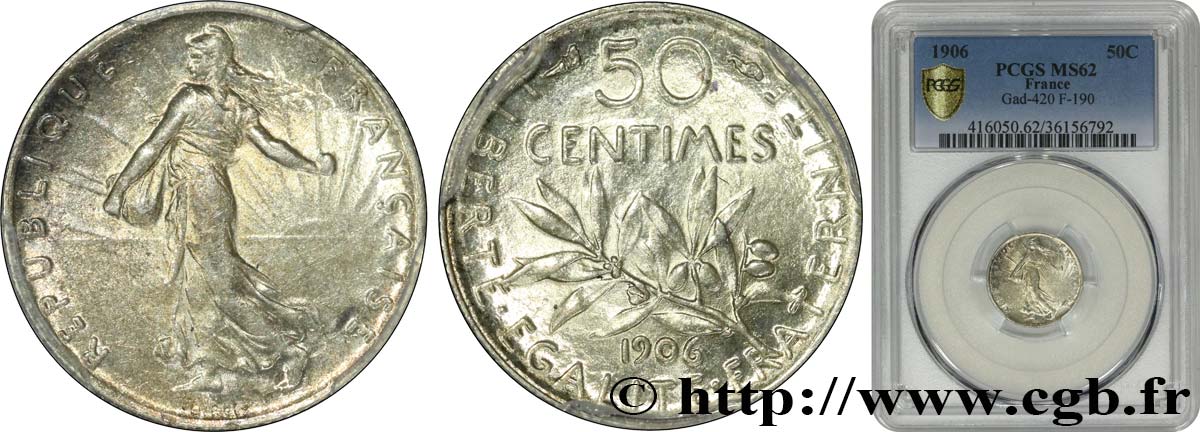 50 centimes Semeuse 1906 Paris F.190/13 SUP62 PCGS