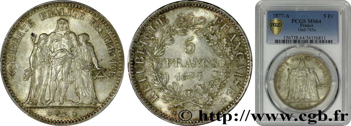 5 francs Hercule 1877 Paris F.334/19 fST64 PCGS