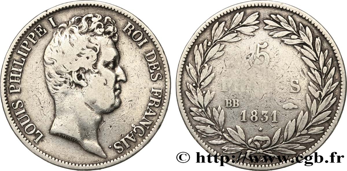 5 francs type Tiolier avec le I, tranche en creux 1831 Strasbourg F.315/16 S 