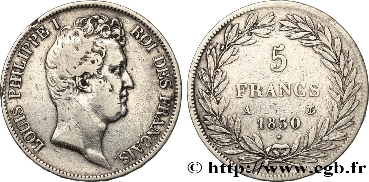 5 francs type Tiolier avec le I, tranche en relief 1830 Paris F.316/1 MB 