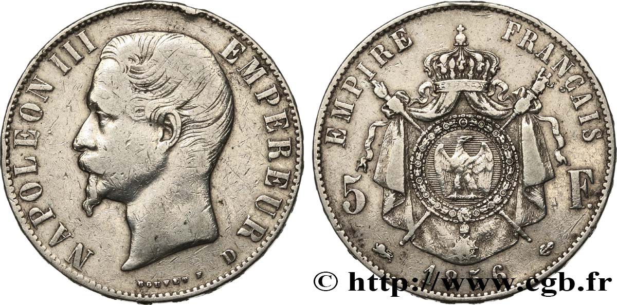5 francs Napoléon III, tête nue 1856 Lyon F.330/9 TB 