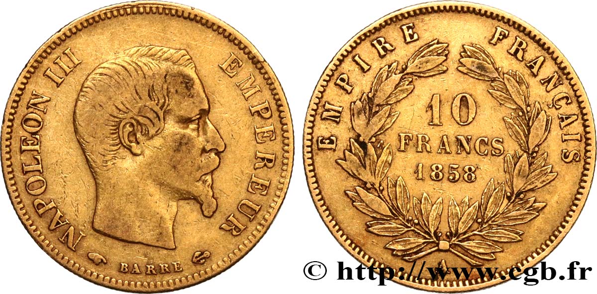 10 francs or Napoléon III, tête nue 1858 Paris F.506/5 S30 