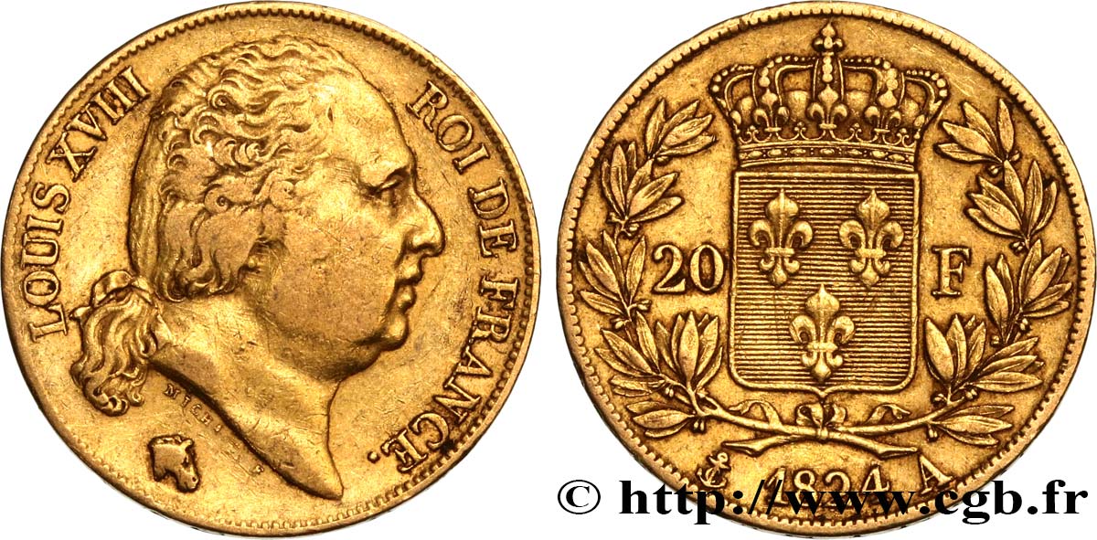 20 francs or Louis XVIII, tête nue 1824 Paris F.519/31 BB45 