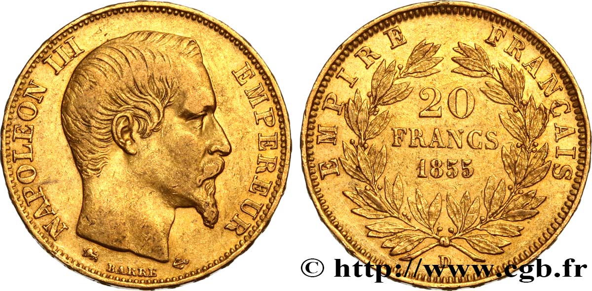 20 francs or Napoléon III, tête nue 1855 Lyon F.531/7 TTB45 