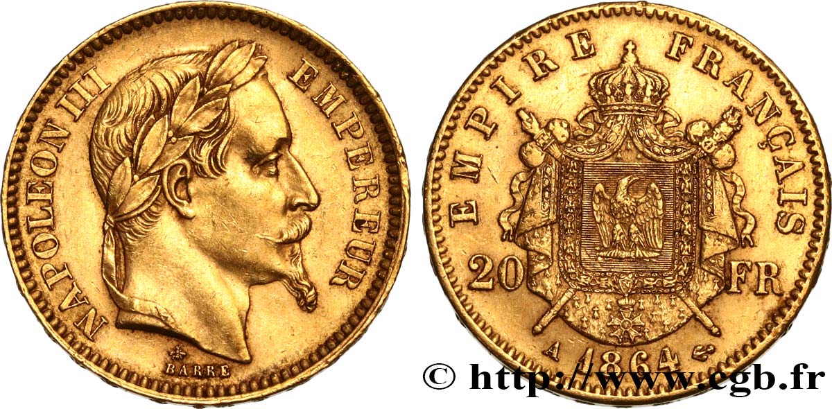 20 francs or Napoléon III, tête laurée 1864 Paris F.532/8 XF 