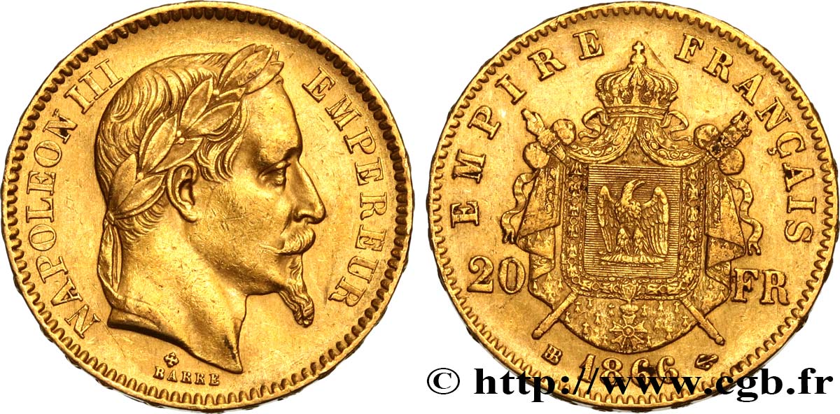 20 francs or Napoléon III, tête laurée 1866 Strasbourg F.532/14 MBC 