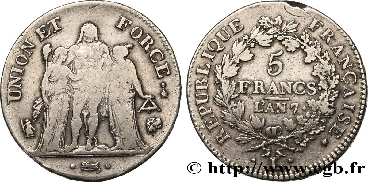 5 francs Union et Force, Union serré, seulement gland extérieur 1799 Bayonne F.288/112 BC 