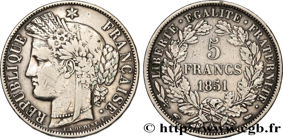 5 francs Cérès, IIe République 1851 Paris F.327/7 VF 