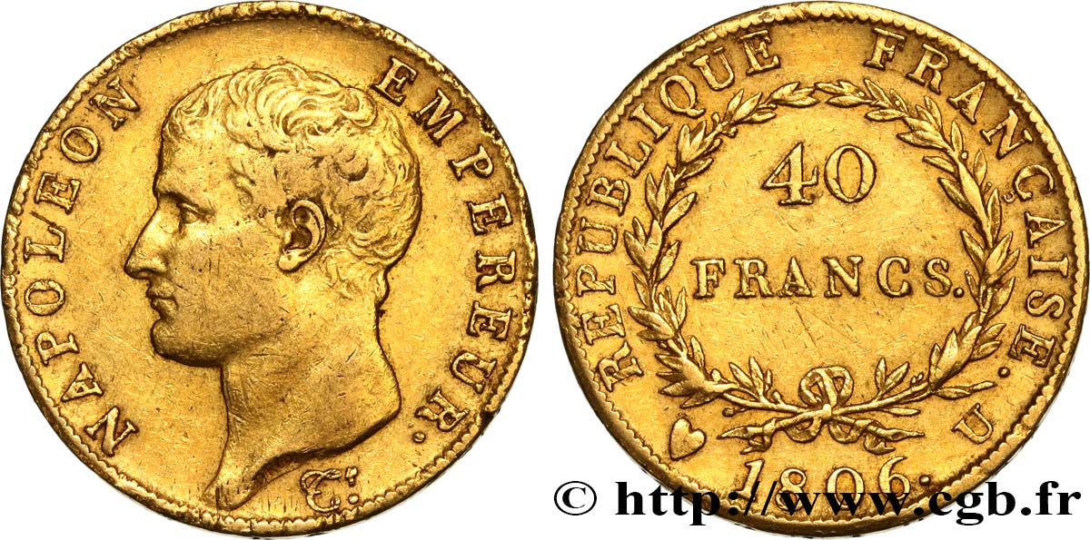 40 francs or Napoléon tête nue, Calendrier grégorien 1806 Turin F.538/4 MBC40 