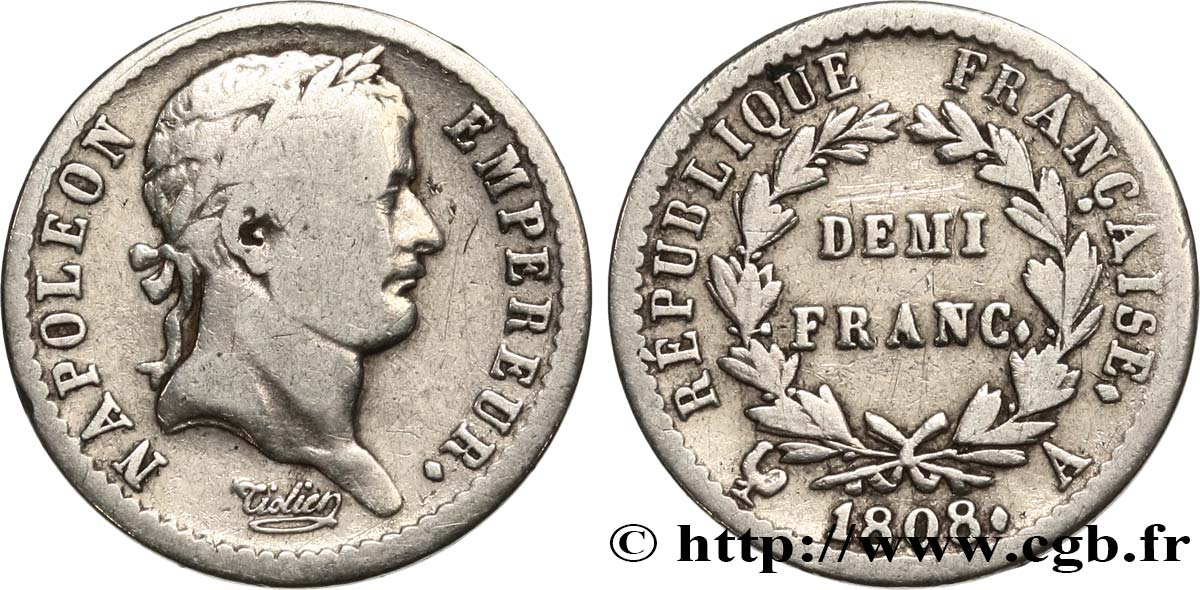 Demi-franc Napoléon Ier tête laurée, République française 1808 Paris F.177/2 TB 