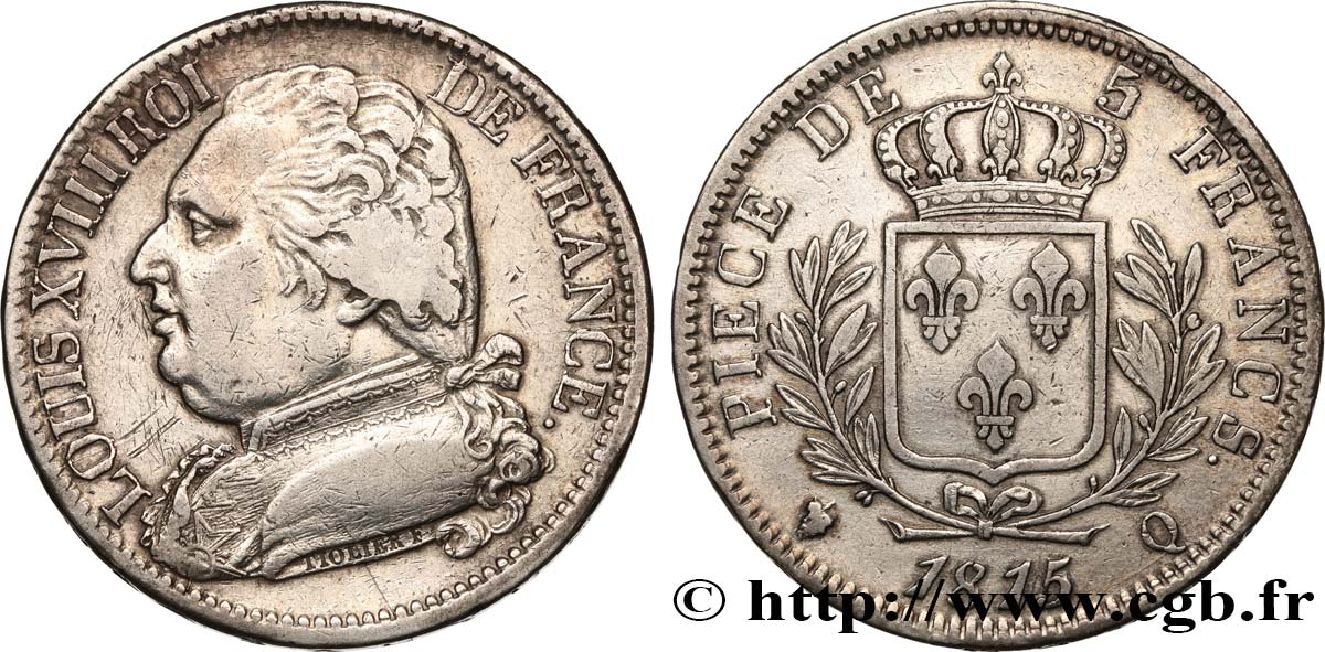 5 francs Louis XVIII, buste habillé 1815 Perpignan F.308/29 TTB40 