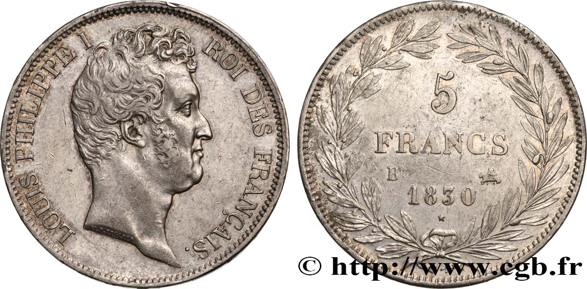 5 francs type Tiolier avec le I, tranche en creux 1830 Rouen F.315/2 AU50 