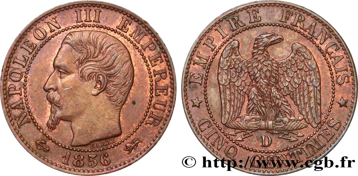 Cinq centimes Napoléon III, tête nue 1856 Lyon F.116/33 AU58 