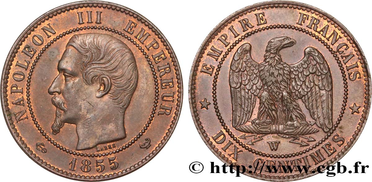 Dix centimes Napoléon III, tête nue 1855 Lille F.133/33 SUP58 