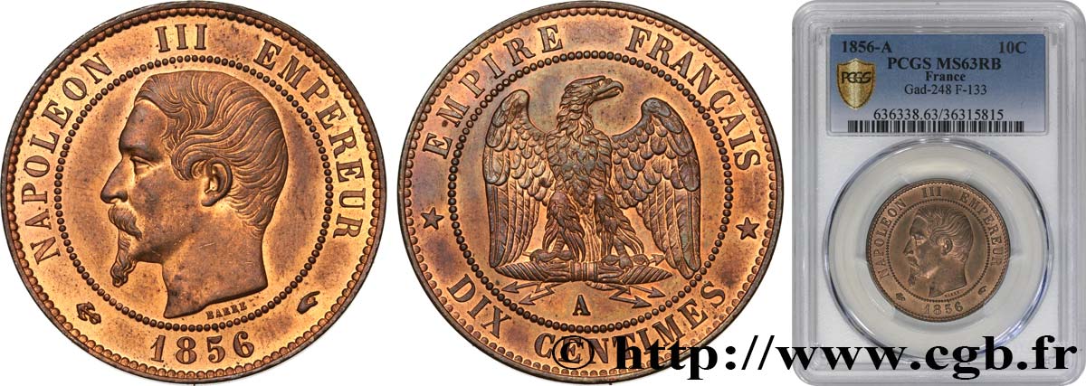 Dix centimes Napoléon III, tête nue 1856 Paris F.133/34 fST63 PCGS