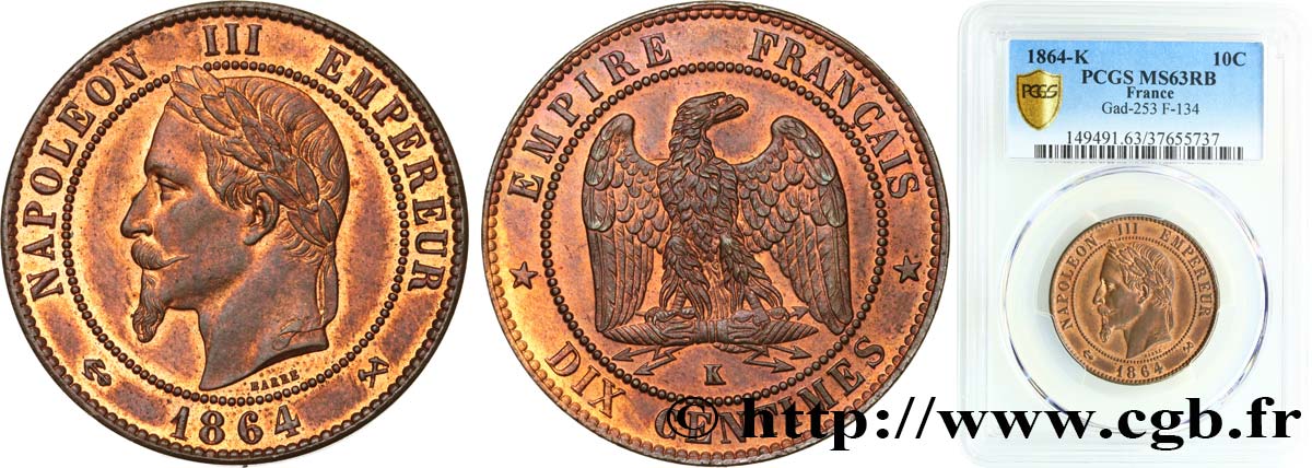 Dix centimes Napoléon III, tête laurée 1864 Bordeaux F.134/15 MS63 PCGS