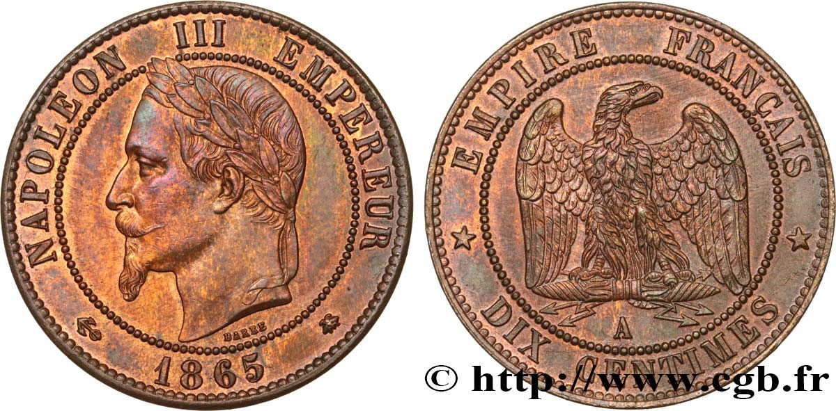 Dix centimes Napoléon III, tête laurée 1865 Paris F.134/16 VZ60 