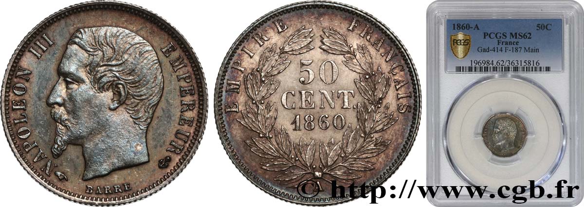50 centimes Napoléon III, tête nue 1860 Paris F.187/13 SUP62 PCGS