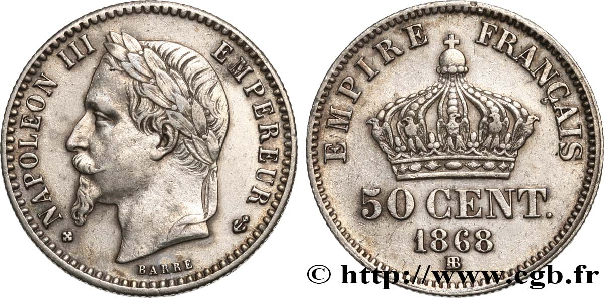50 centimes Napoléon III, tête laurée 1868 Strasbourg F.188/21 MBC48 