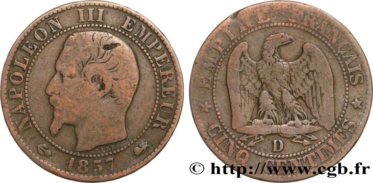 Cinq centimes Napoléon III, tête nue 1857 Lyon F.116/40 RC12 