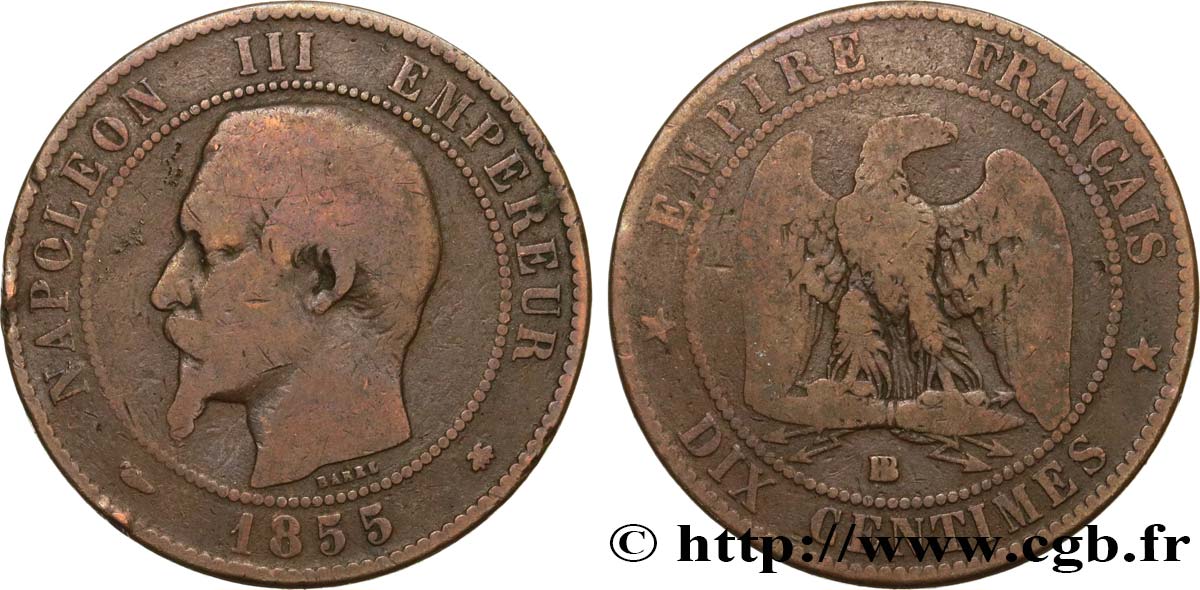 Dix centimes Napoléon III, tête nue 1855 Strasbourg F.133/23 var. B10 