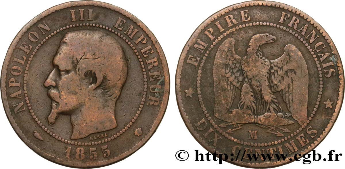 Dix centimes Napoléon III, tête nue, différent levrette 1855 Marseille F.133/30 BC20 