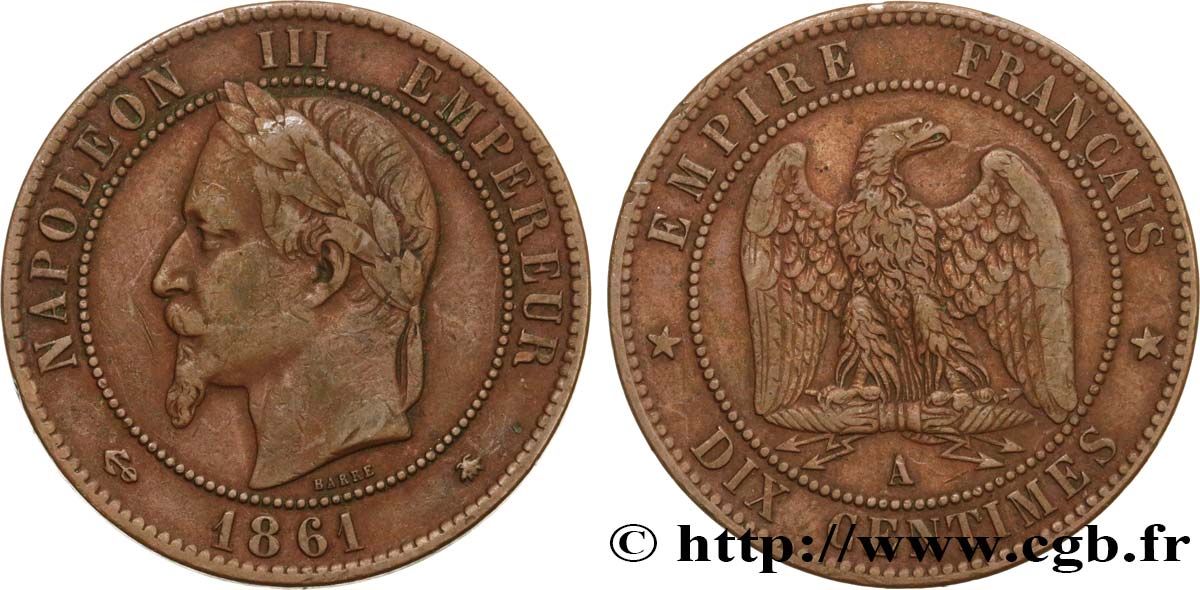 Dix centimes Napoléon III, tête laurée 1861 Paris F.134/4 TB35 